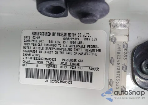 2008 Nissan 350Z Touring z USA, uszkodzony, nr VIN JN1BZ34D78M705625